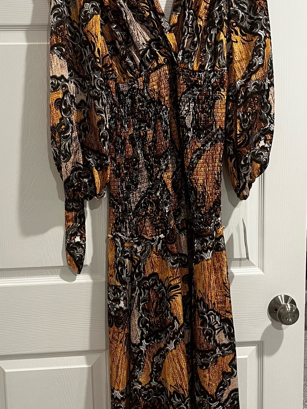 Long Sleeve V-Neck Maxi Dress in Mustard and Black